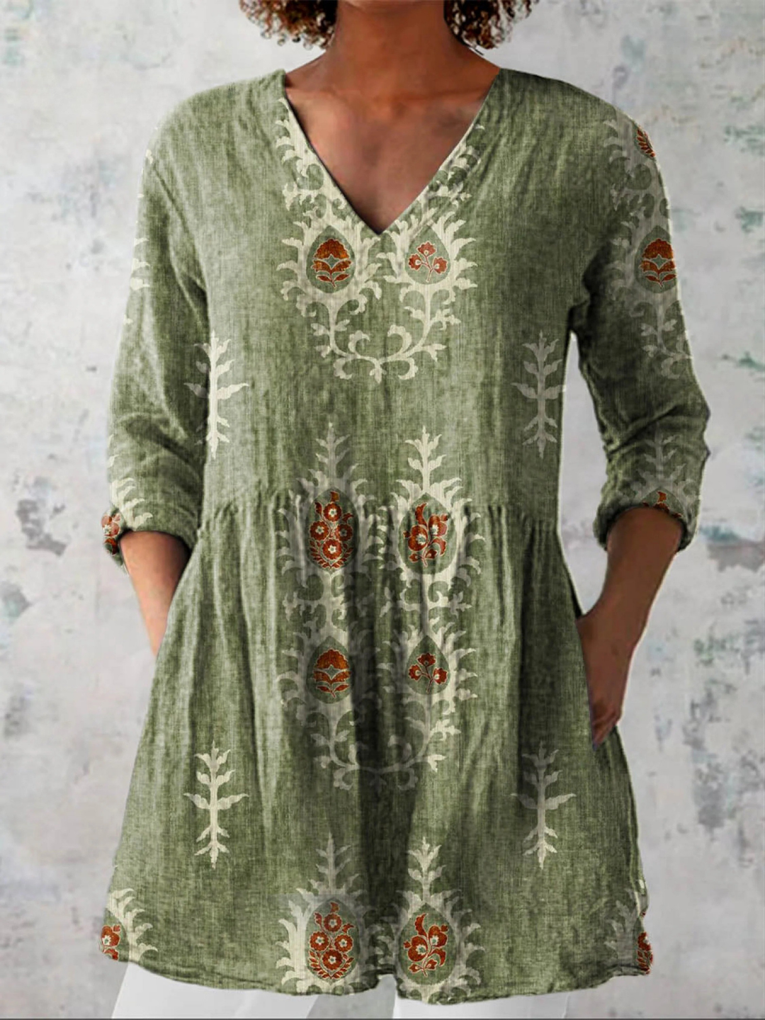 Ethnic Pattern Linen Tunic – Vintage Grey