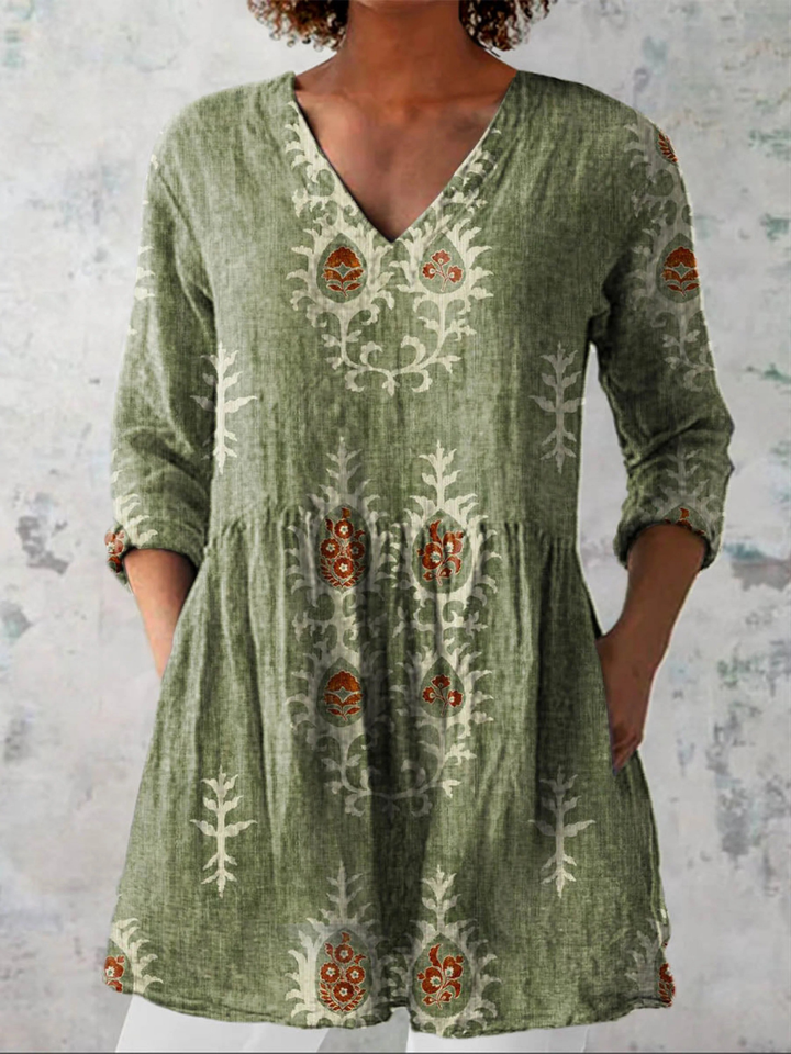 Ethnic Pattern Linen Tunic – Vintage Grey