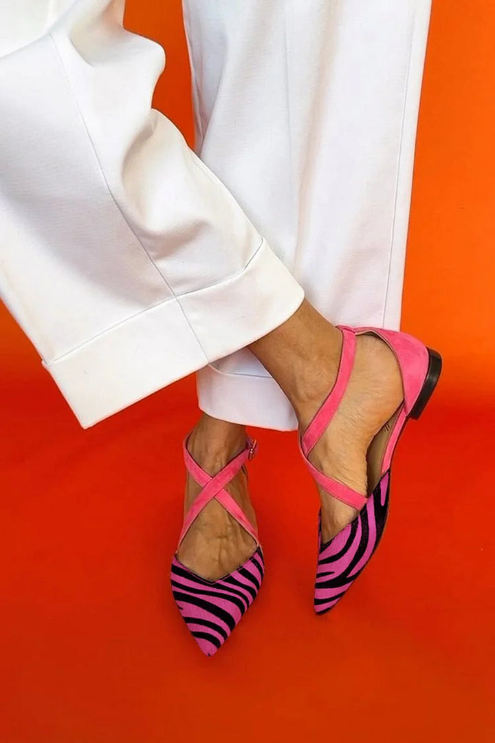 Everly & Rose | Elegant ballet flats with zebra details and glamorous pink straps