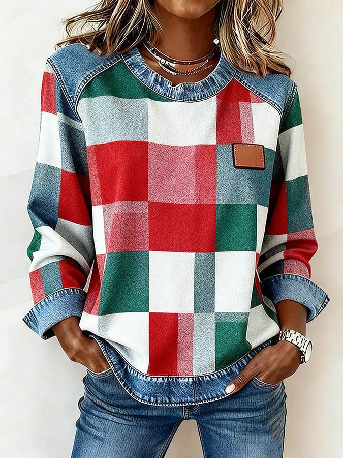 Women's Casual Round Neck Denim Patchwork Pullover Sweatshirt