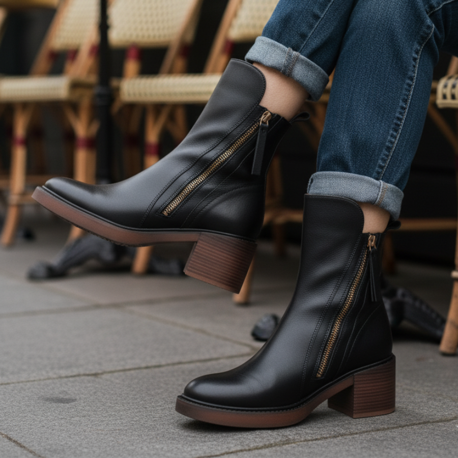 Valorine | Black leather boot with a comfortable heel, elegant and timeless