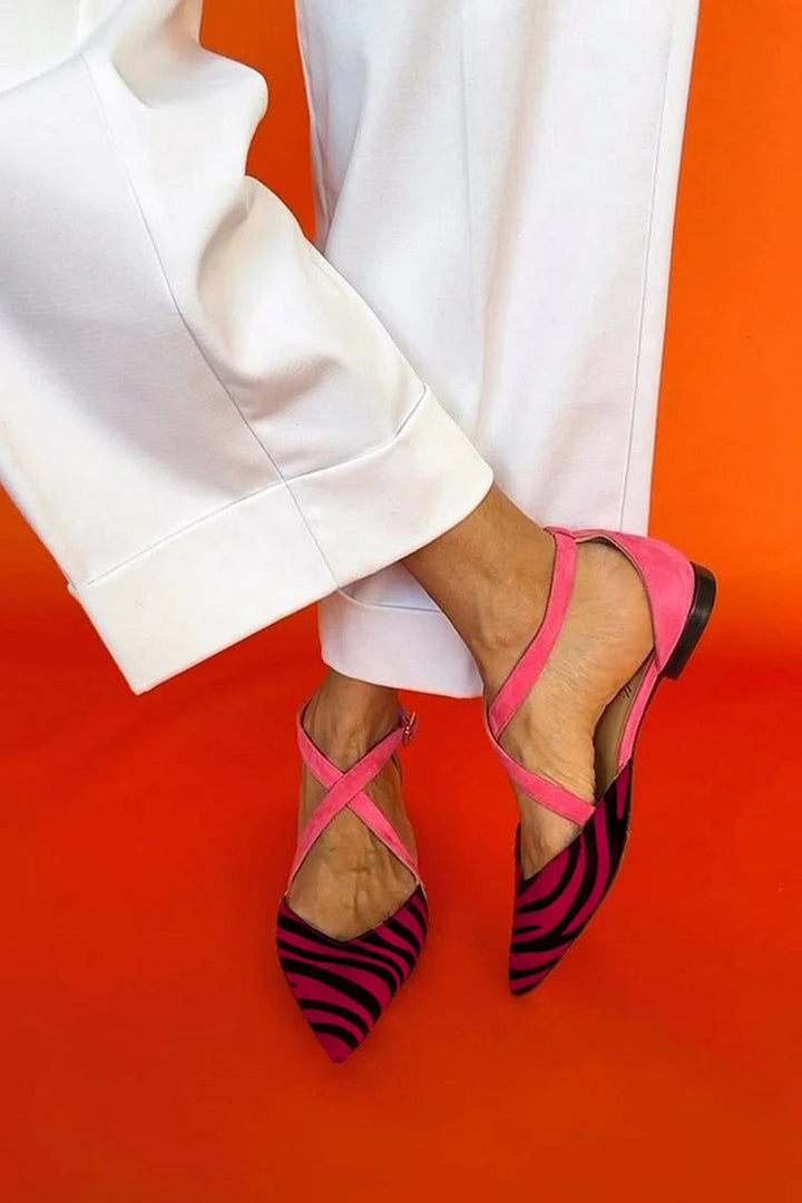 Everly & Rose | Elegant ballet flats with zebra details and glamorous pink straps