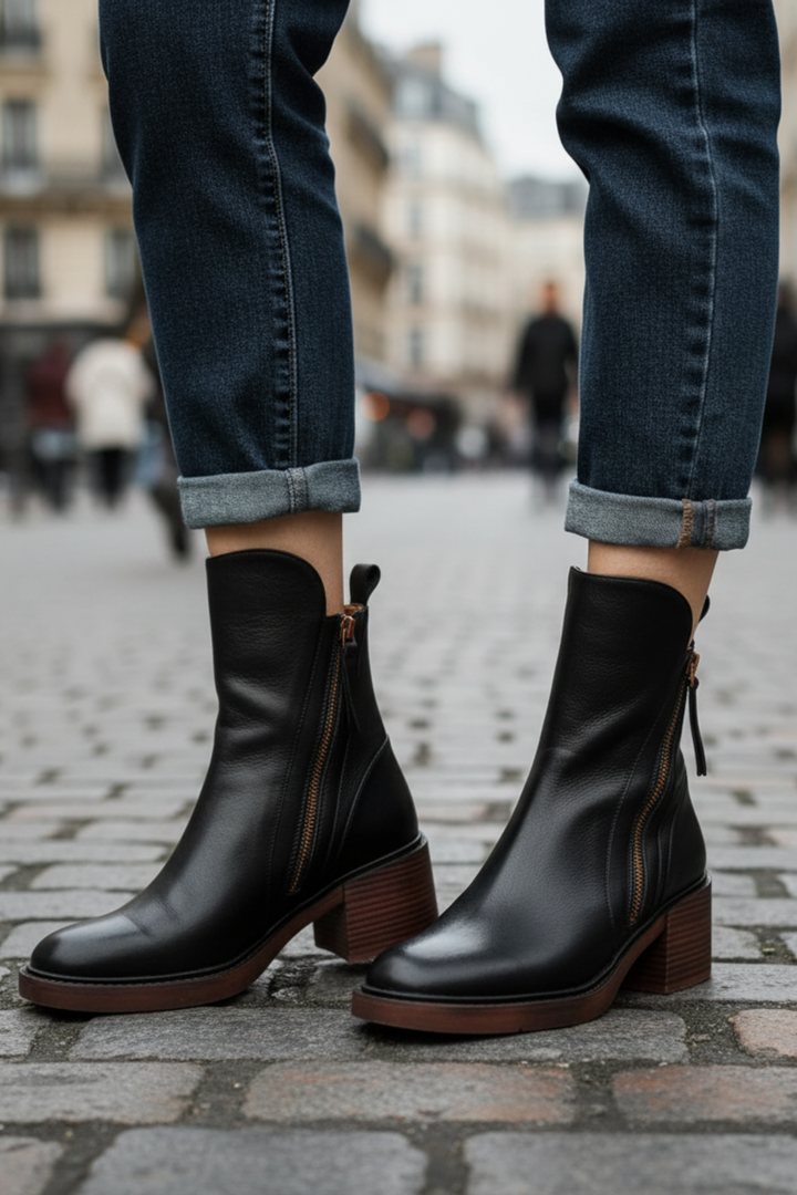 Valorine | Black leather boot with a comfortable heel, elegant and timeless
