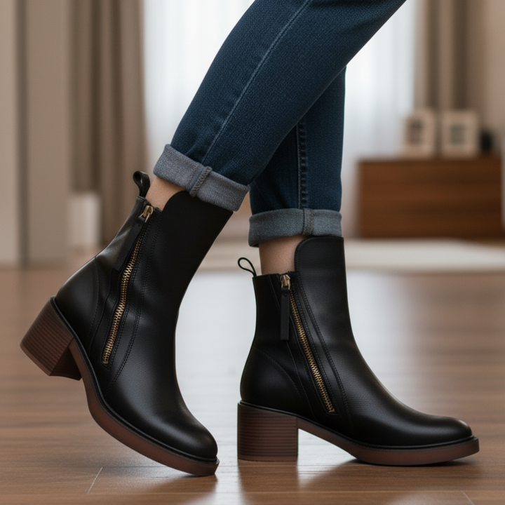 Valorine | Black leather boot with a comfortable heel, elegant and timeless