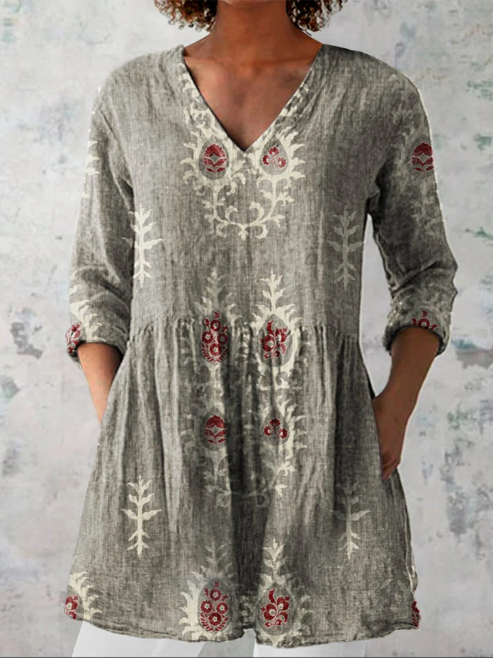 Ethnic Pattern Linen Tunic – Vintage Grey