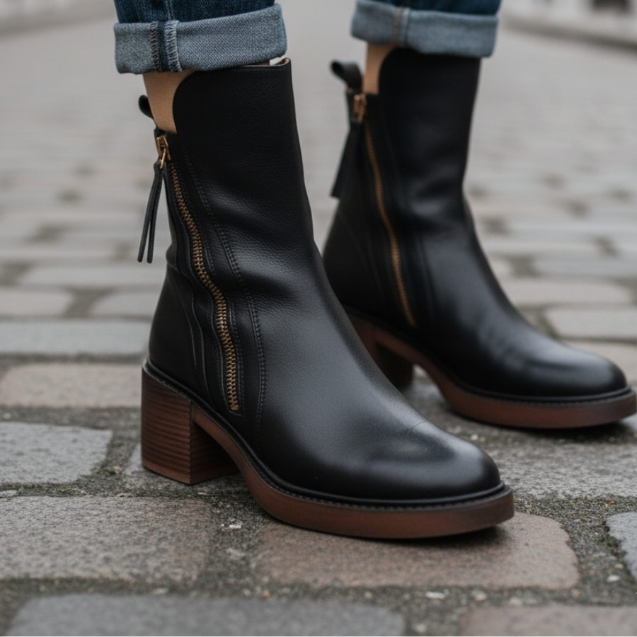 Valorine | Black leather boot with a comfortable heel, elegant and timeless
