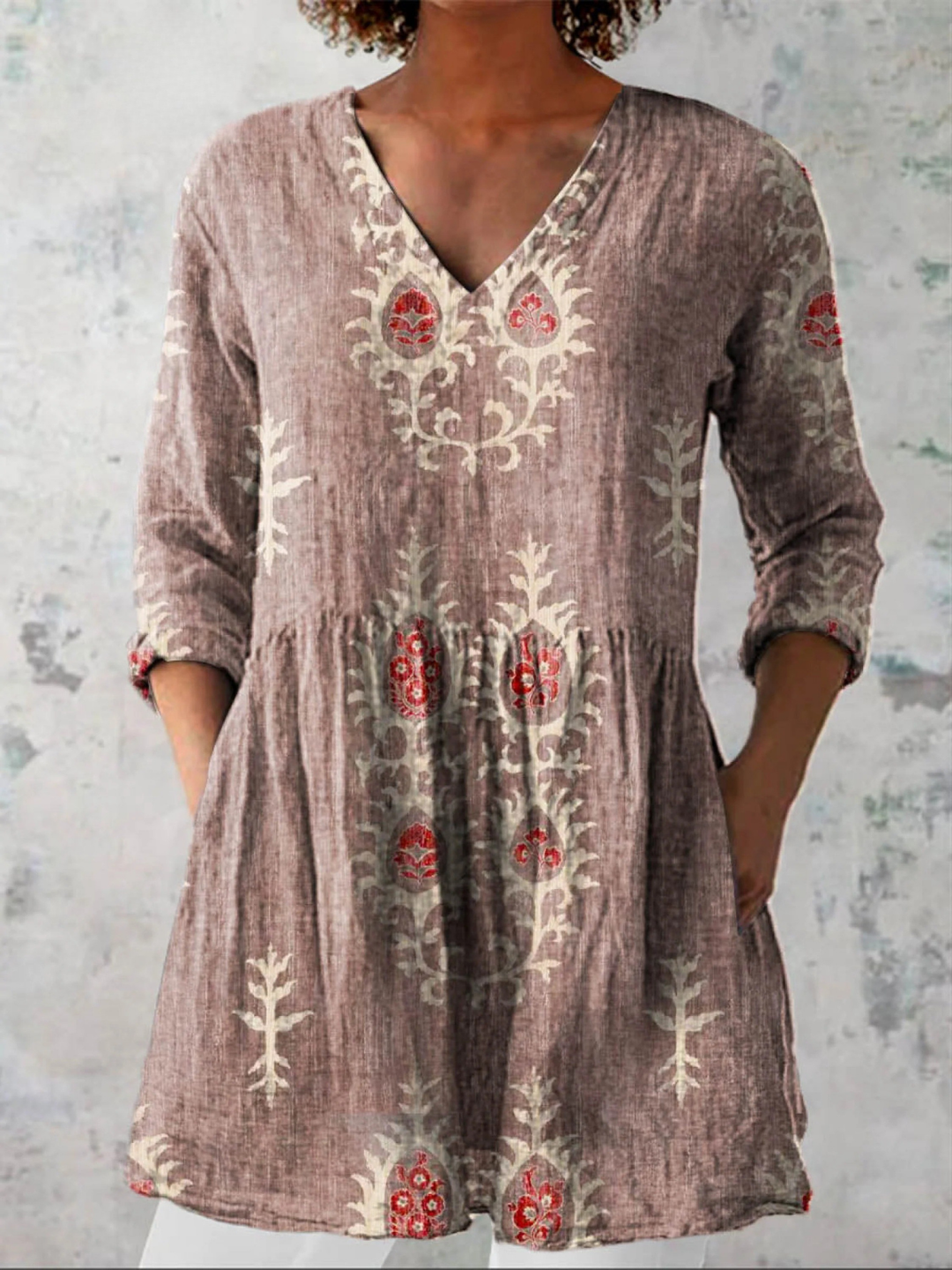 Ethnic Pattern Linen Tunic – Vintage Grey