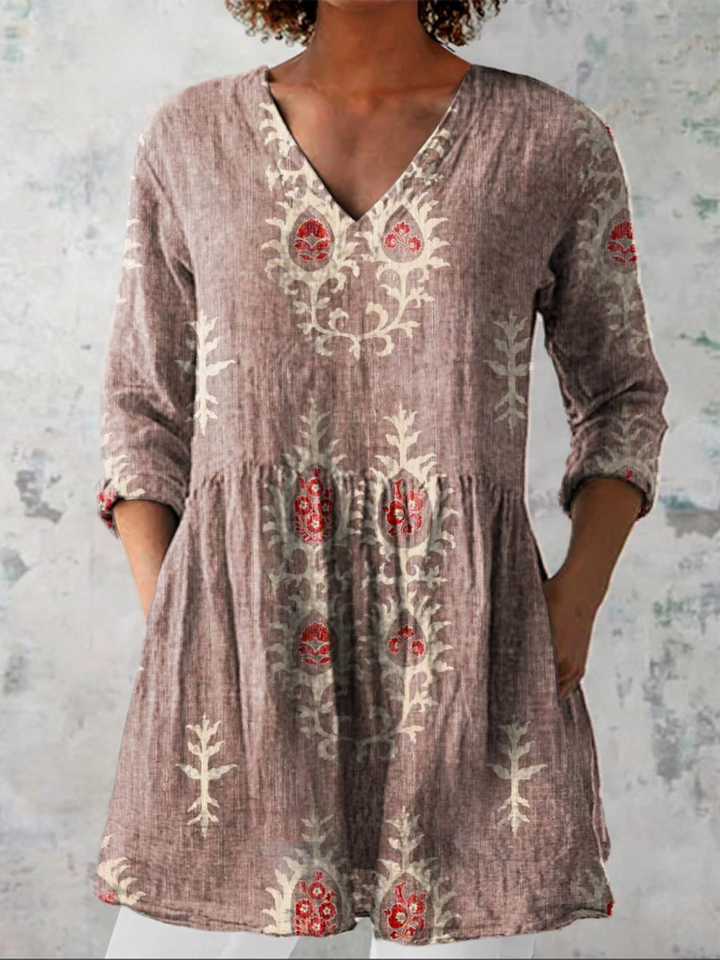 Ethnic Pattern Linen Tunic – Vintage Grey
