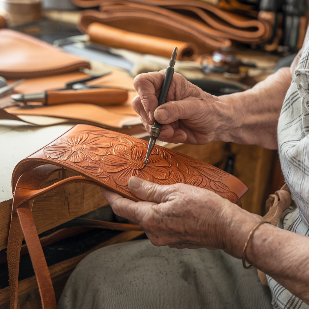 Florina - Leather Handbag with Engraving and Floral Motif