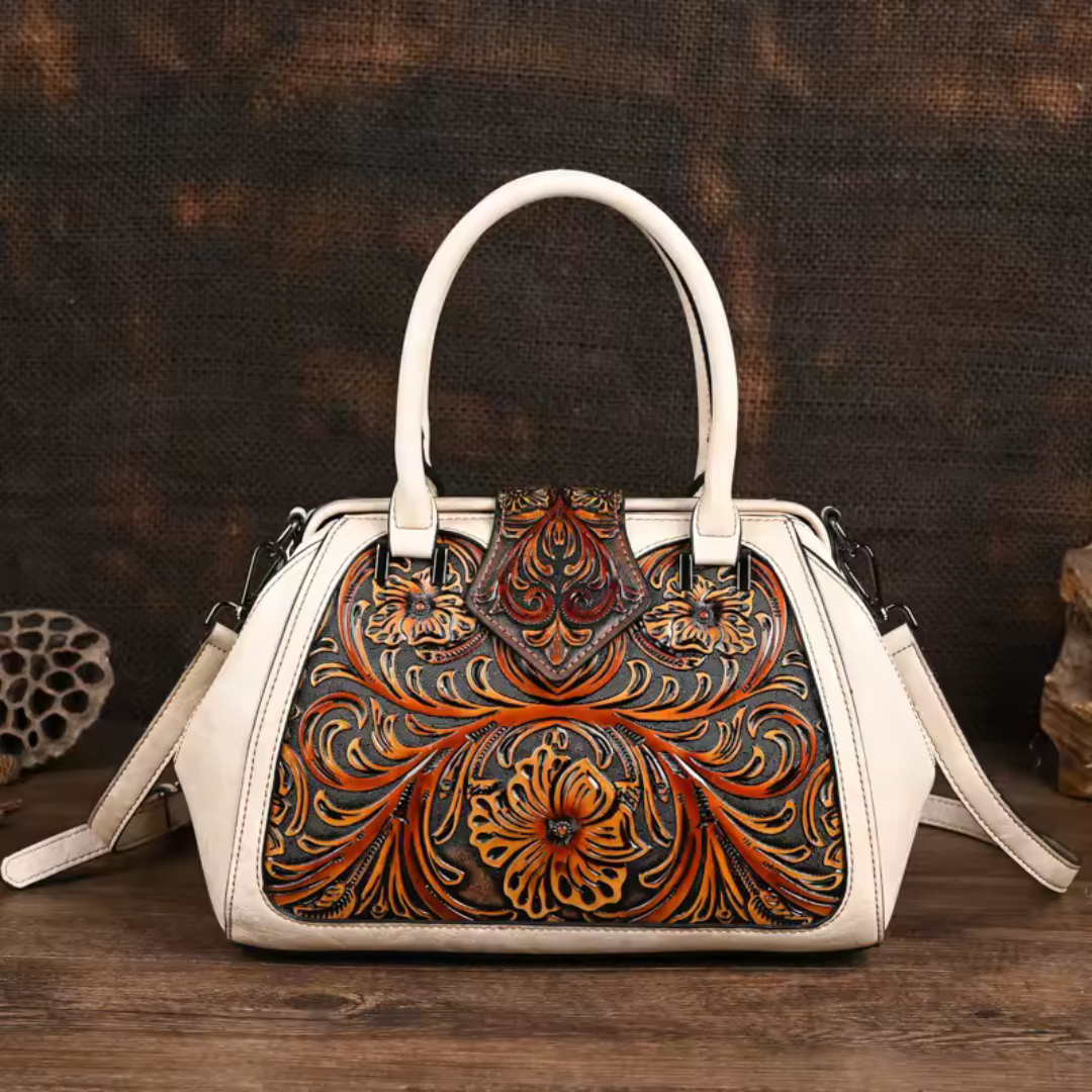 Florina - Leather Handbag with Engraving and Floral Motif