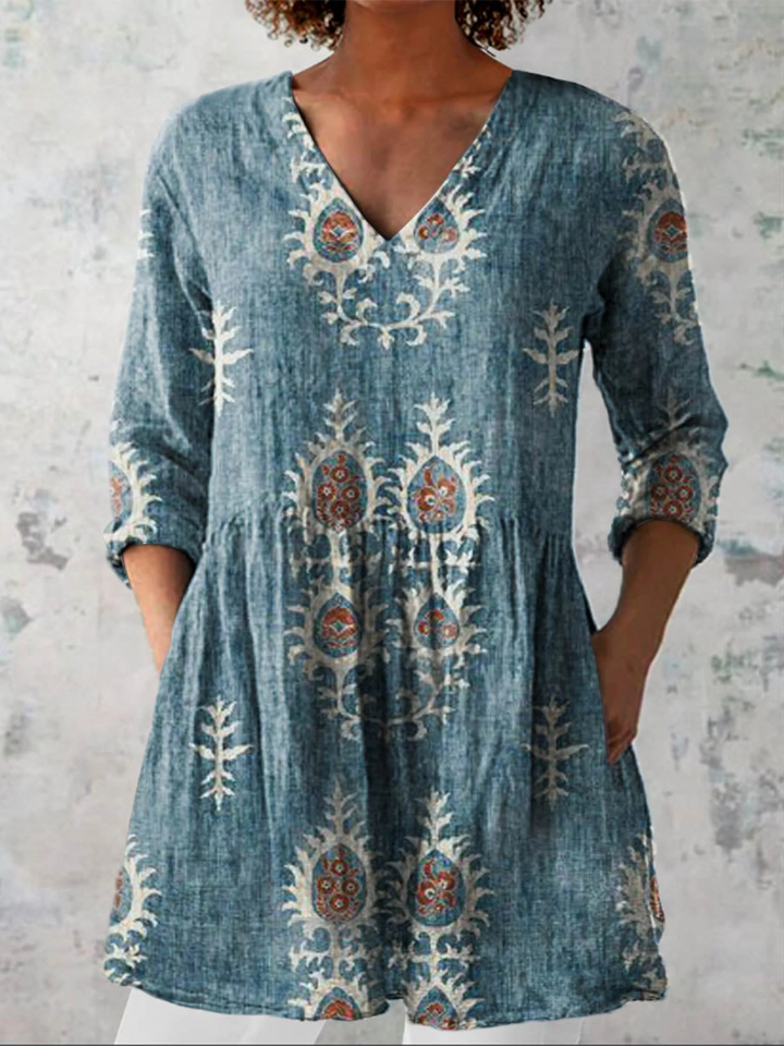 Ethnic Pattern Linen Tunic – Vintage Grey