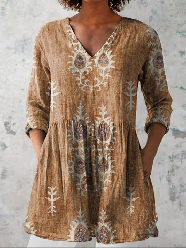 Ethnic Pattern Linen Tunic – Vintage Grey