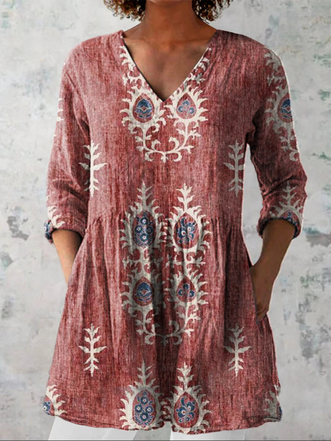 Ethnic Pattern Linen Tunic – Vintage Grey