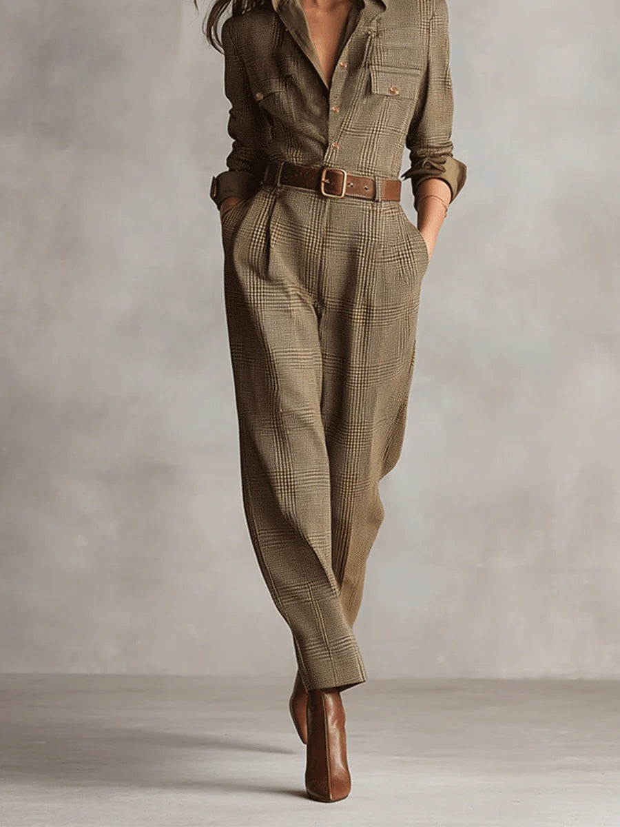 Zoë | Refined tweed texture check utility jumpsuit