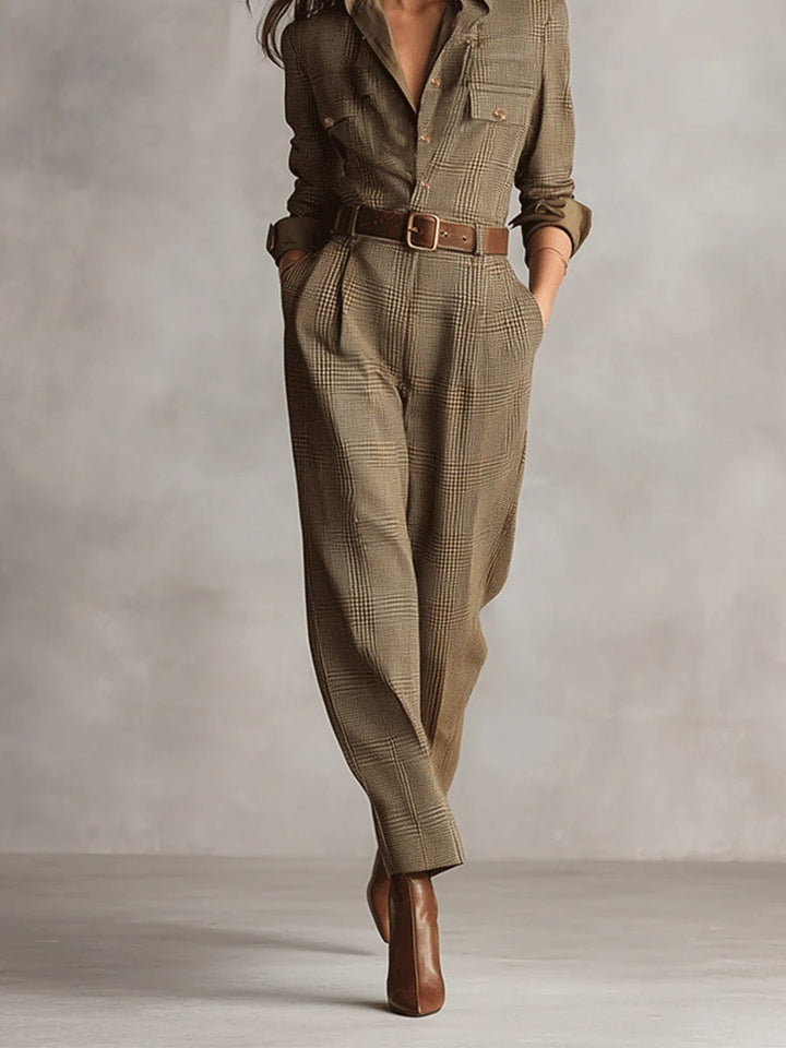 Zoë | Refined tweed texture check utility jumpsuit