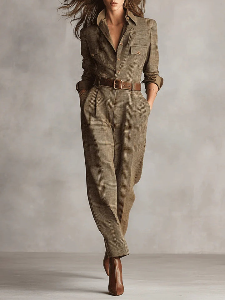 Thora | Brown Refined Tweed Check Utility Jumpsuit