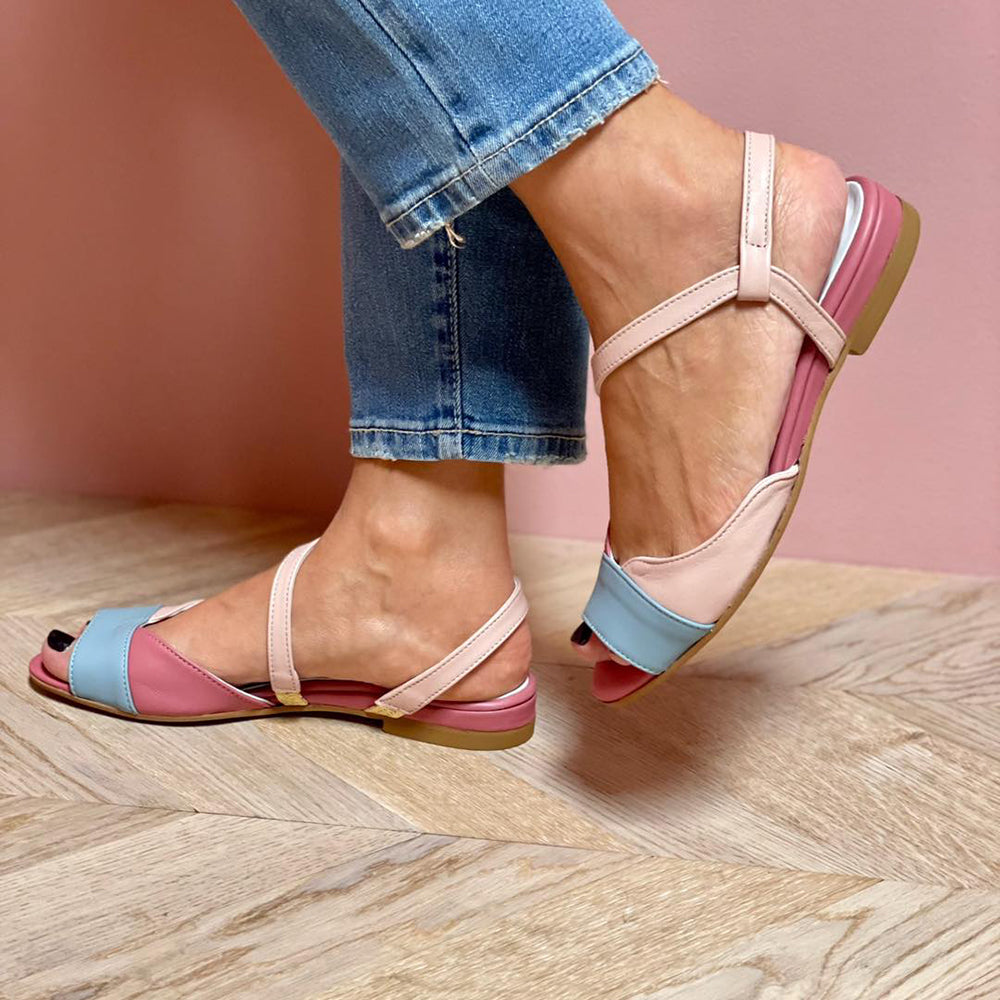 Everly & Rose | Elegant Pink Asymmetrical Sandals with Color Block Details