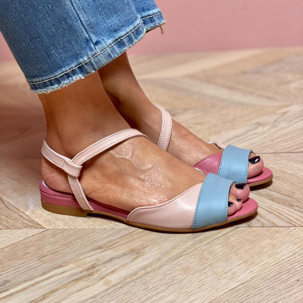 Everly & Rose | Elegant Pink Asymmetrical Sandals with Color Block Details